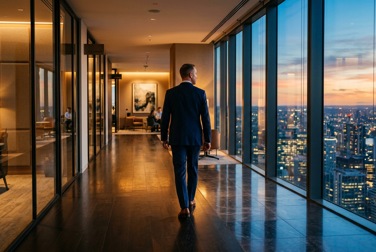 Executive walking through a high-rise office overlooking the city
